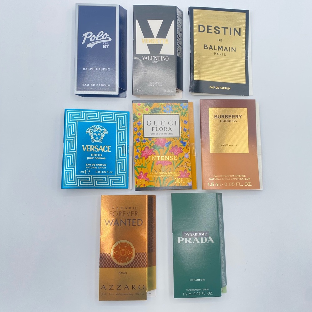 8 NEW Assorted Travel Size Fragrances Versace Gucci Burberry Prada 1ml - 1.5ml